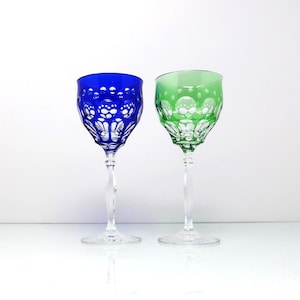 Bohemian Cobalt Blue and Green Cut to Clear Wine Glasses