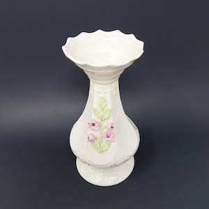 Belleek Fermanagh Ireland Vase Decorated with Pink Flowers Over Green Leaves