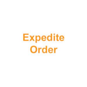 Könnte beinhalten: Text mit der Aufschrift "Expedite Order" in orangefarbenen Buchstaben auf weißem Hintergrund.