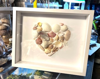 Heart of seashells frame #25-2.  White - 10 5/8 x 8 5/8”, 1-3/4” deep