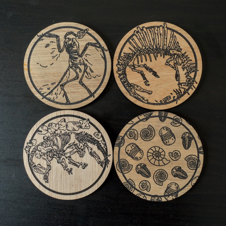 K&ouml;nnte beinhalten: Set aus vier Untersetzern aus Holz mit Schwarz-Wei&szlig;-Illustrationen von Dinosaurierskeletten und versteinerten Meeresbewohnern. Die Untersetzer sind rund und haben eine nat&uuml;rliche Holzoptik.