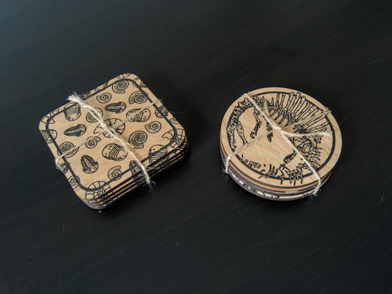 Fossil coasters | Stegosaurus, Spinosaurus, Archaeopteryx, Ammonite, Trilobite | Hardwood plywood with cork backing