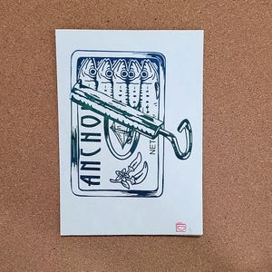 Anchovy tin block print A5 | Fish print