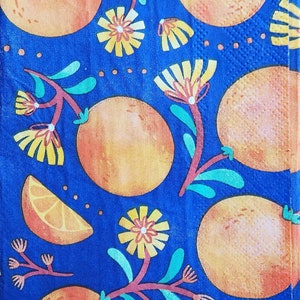4x Paper Napkin for Decoupage Bright Oranges and Flowers on Blue Background Set of 4