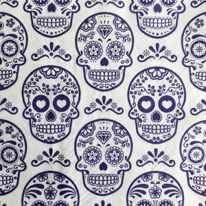 4x Blue and White Sugar Skulls Paper Napkin For Decoupage Set of 4