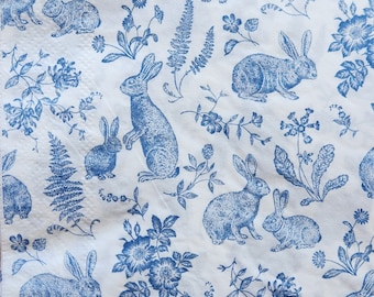4x Vintage Blue and White Rabbit Paper Napkin for Decoupage  Set of 4