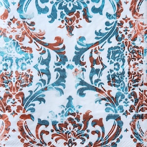 4x Teal and Rust Damask Paper Napkin for Decoupage Set of 4