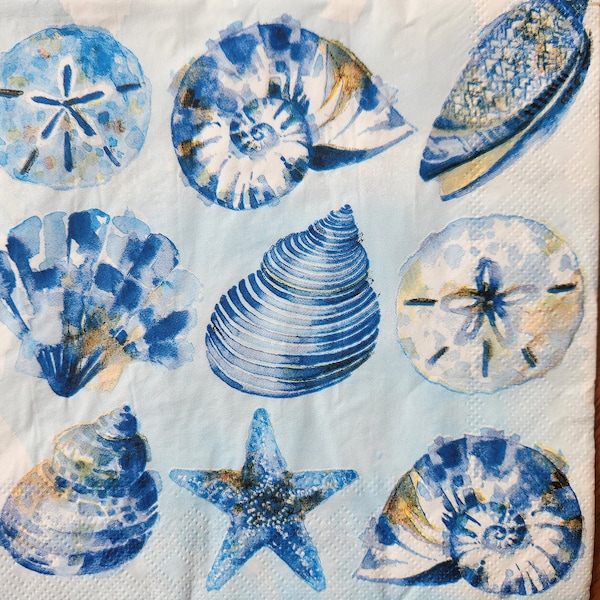 4x Blue and White Seashell Paper Napkin For Decoupage  Set of 4