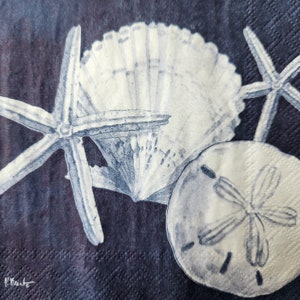 4x Blue and White Shells Starfish and Sand Dollar Paper Napkin For Decoupage Set of 4 Ocean Beach Theme