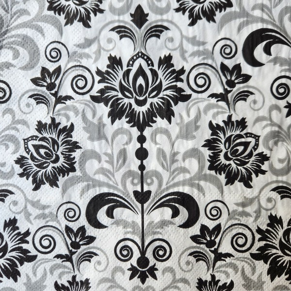 4x Black White and Gray Flourish Design Paper Napkin for Decoupage Set of 4