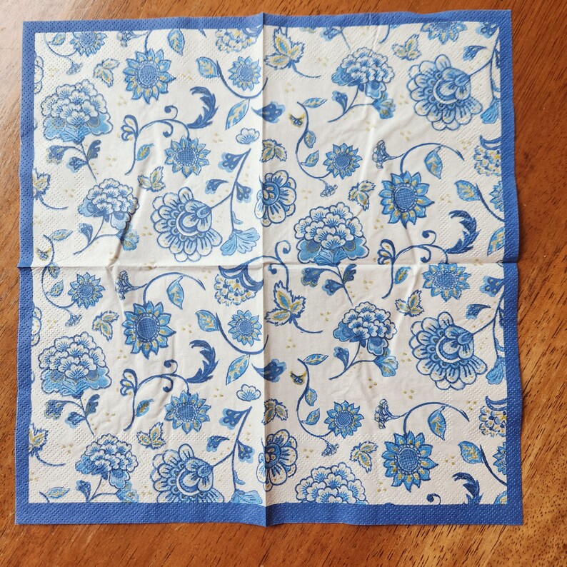 Blue and White Floral Paper Napkin for Decoupage Set of 4 Etsy