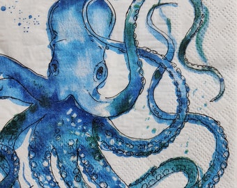 4x Blue Octopus Paper Napkin For Decoupage  Set of 4
