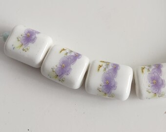 Rectangle Ceramic Beads Purple and White Floral