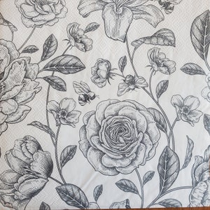 4x Paper Napkin For Decoupage Gray and White Floral Pattern Set of 4
