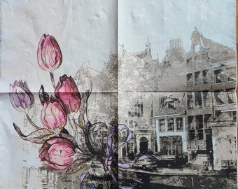 4x Large Vintage Victorian House and Tulips Design Paper Napkin For Decoupage Set of 4