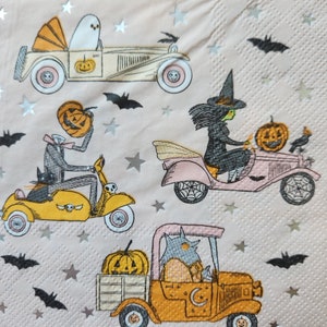 May include: A set of four Halloween-themed illustrations featuring a vintage car, a scooter, a truck, and a carriage. Each vehicle is decorated with pumpkins, bats, and other Halloween motifs. The illustrations are in a whimsical style and are perfect for adding a touch of Halloween cheer to any project.