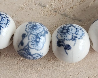 Ceramic Beads Blue and White Floral