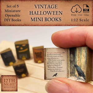 May include: Set of five miniature openable Halloween DIY books in 1:12 scale. The books are printed with vintage illustrations and text. The text on one book reads "Once upon a midnight dreary, while I pondered, weak and weary...Over many a quaint and curious volume of forgotten lore...While I nodded, nearly napping, suddenly there came a tapping, as of some one gently rapping, rapping at my chamber door..."
