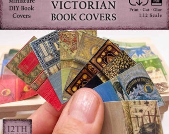 May include: Set of 60 miniature Victorian book covers, printed on paper, ready to be cut, glued, and assembled into a miniature book collection. The covers feature a variety of vintage designs and illustrations.
