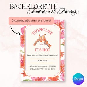 Tropic Like It’s Hot Bachelorette Invitation & Itinerary Template | Editable Tropical Bach Weekend Template | Tropic Bach Party Invite