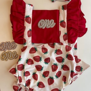 1st birthday strawberry fruit berry 1st birthday romper with tutu- - baby girl cake smash photoshoot outfit