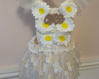Robe barboteuse 1er anniversaire florale marguerite avec tutu - tenue de gâteau smash pour bébé fille