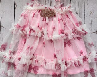 Isn’t she lovely bow embellished 1st birthday ruffle tulle dress