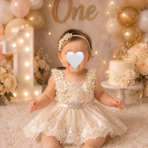1st Birthday boho tulle Romper Dress, Rhinestone "ONE" Sash lace detail - special occasion outfit - cake smash, flower girl, christening