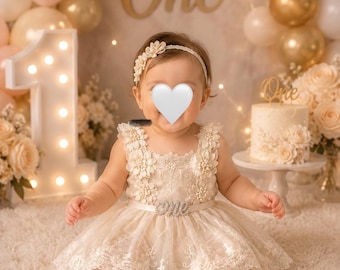 1st Birthday boho tulle Romper Dress, Rhinestone "ONE" Sash lace detail - special occasion outfit - cake smash, flower girl, christening