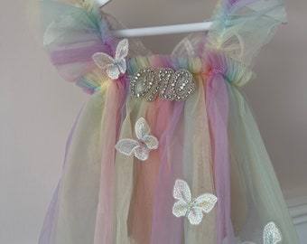 Butterfly rhinestone one baby girls 1st birthday cake smash multicoloured party dress