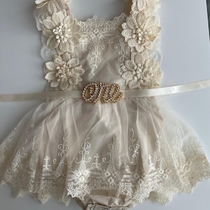 1st Birthday boho tulle Romper Dress, Rhinestone "ONE" Sash lace detail - special occasion outfit - cake smash, flower girl, christening image 3