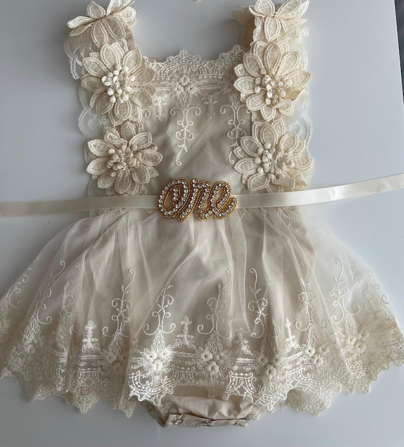 1st Birthday boho tulle Romper Dress, Rhinestone "ONE" Sash lace detail - special occasion outfit - cake smash, flower girl, christening image 3