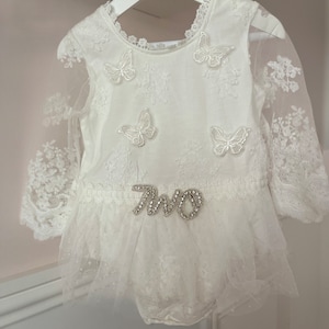 2nd Birthday romper- baby girl- rhinestone two - lace sleeves 2nd birthday party outfit- cake smash- butterfly detail