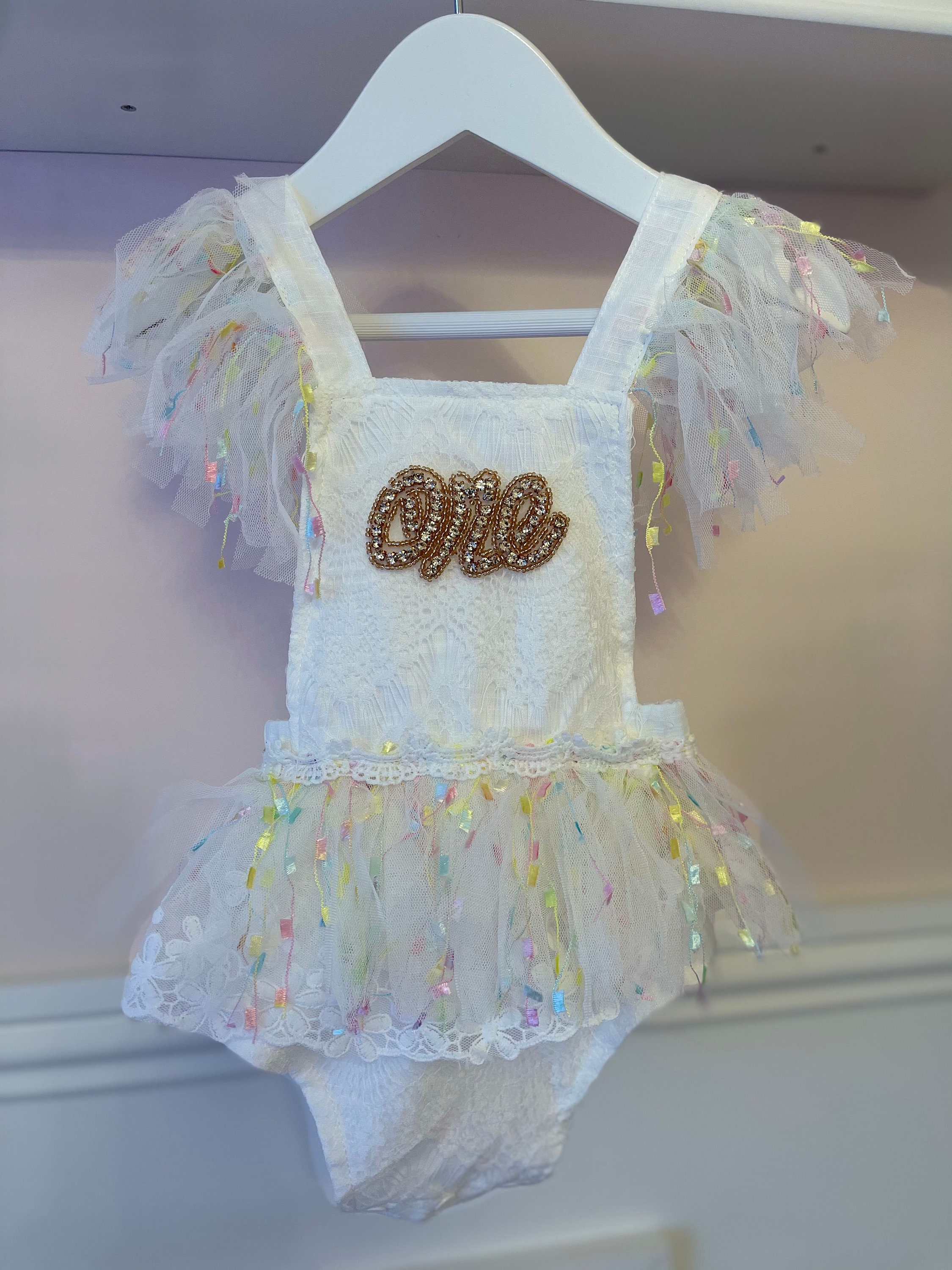 1st birthday - Cake Smash romper with rhinestone ONE - baby girl - backless lace romper