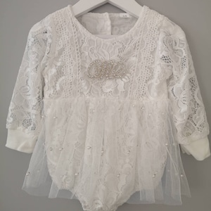 1st birthday- baby girl lace romper with pearl Embellished tutu  can be plain or with rhinestone one- special occasion