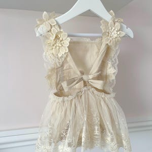 1st Birthday boho tulle Romper Dress, Rhinestone "ONE" Sash lace detail - special occasion outfit - cake smash, flower girl, christening image 5
