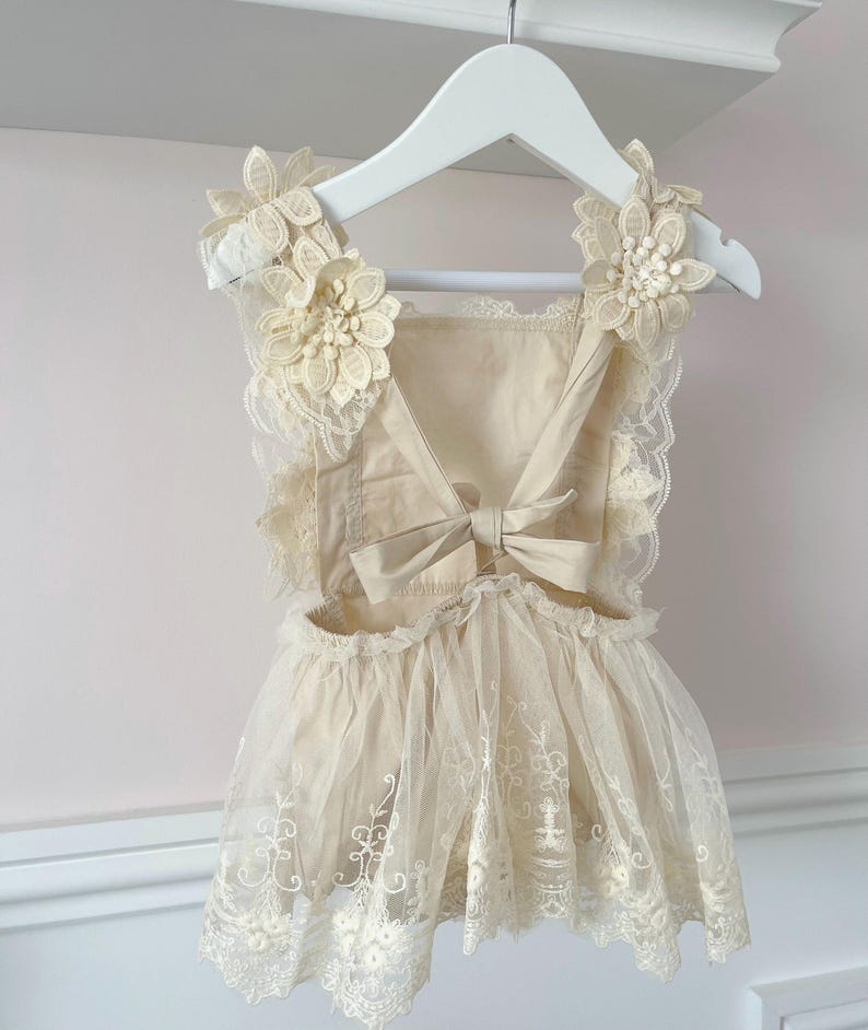 1st Birthday boho tulle Romper Dress, Rhinestone "ONE" Sash lace detail - special occasion outfit - cake smash, flower girl, christening image 5