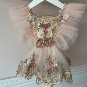 1st birthday floral lace dress with ruffle shoulders and butterfly detail