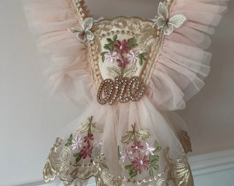 1st birthday floral lace dress with ruffle shoulders and butterfly detail