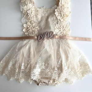 1st Birthday boho tulle Romper Dress, Rhinestone "ONE" Sash lace detail - special occasion outfit - cake smash, flower girl, christening image 4
