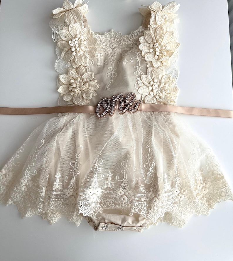1st Birthday boho tulle Romper Dress, Rhinestone "ONE" Sash lace detail - special occasion outfit - cake smash, flower girl, christening image 4
