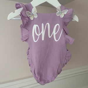 1st birthday baby girl lilac romper with bows or butterflies - baby girl cake smash photoshoot outfit