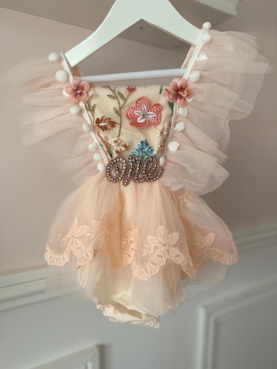 Fairy floral 1st birthday  lace dress with ruffle shoulders and Pom Pom detail - butterfly flower options- fairy 1st birthday - cake smash