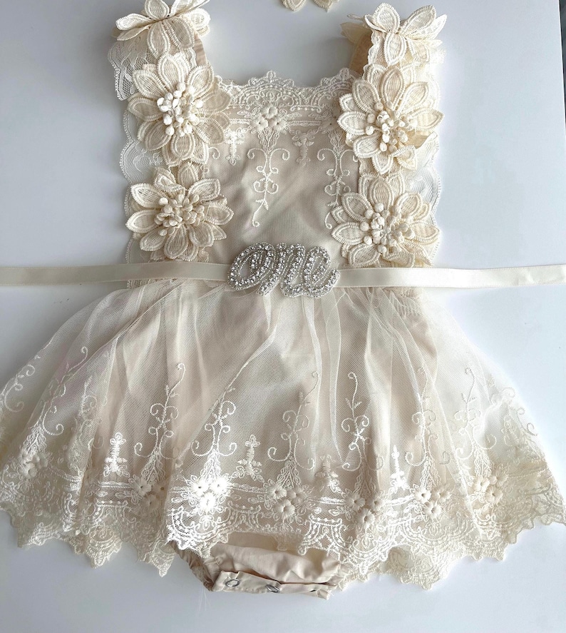 1st Birthday boho tulle Romper Dress, Rhinestone "ONE" Sash lace detail - special occasion outfit - cake smash, flower girl, christening image 2