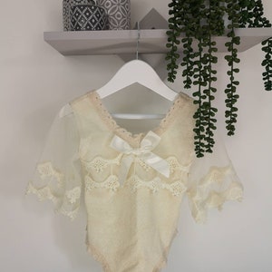 1st birthday- cream romper with lace sleeves - beautiful bow & pearl detail- baby girl- special occasion outfit