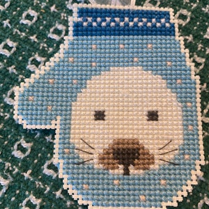 Handmade CrossStitch Seal Mitten Christmas Ornament/Gift Tag