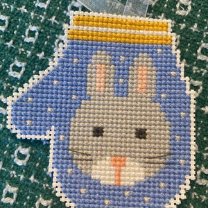 Handmade CrossStitch Rabbit Mitten Christmas Ornament/Gift Tag