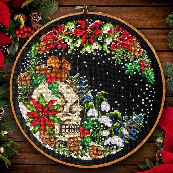 Death in Winter - Cross Stitch Pattern Embroidery Christmas Skull Skeleton Red Green Goth Digital Download PDF (Not a Finished Item)