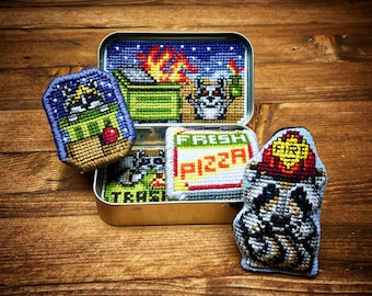 Altoids Tin Insert Trash Panda Raccoon Dumpster Fire - Rubbish Trash Pizza Cross Stitch Pattern Embroidery PDF (Not a Finished Item or Kit!)