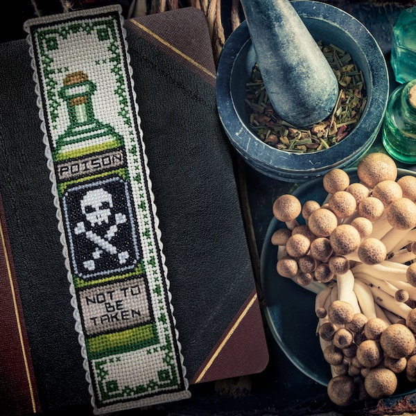 Victorian Poison Bottle - Bookmark Pattern Cross Stitch Embroidery Gothic Macabre True Crime Digital Download PDF (Not a Finished Item!)